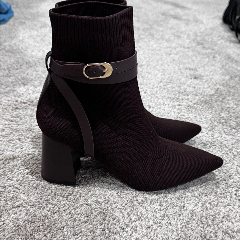 Pointed Toe Knit Ankle Boots with Buckle Strap - Brown